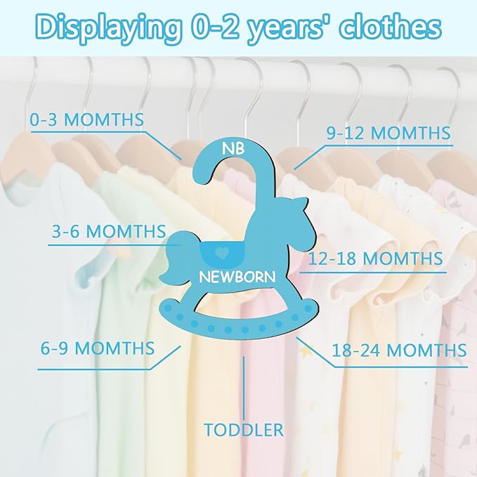 Baby Clothes Dividers for Closet - Set of 8 Wooden Baby Size Closet Dividers Newborn to 24 Months, Newborn Organizer for Boys & Girls - Rocking Horse Theme Baby Nursery Decor Kit New Parents Gifts