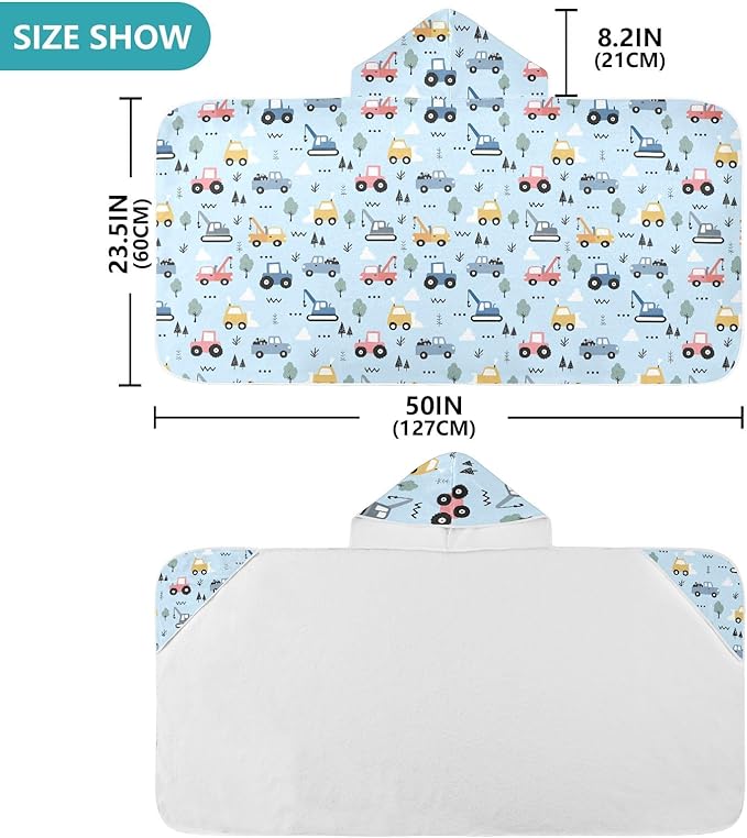 Cartoon Car Hooded Beach Towel for Kids, Kids Bath Hooded Towels for Boys Girls, Super Soft Absorbent Bathrobe with Hood for Swin Pool 50"x23.5"