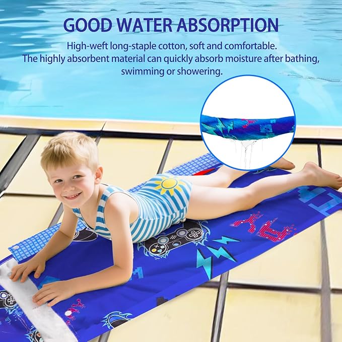 Hooded Beach Towel for Kids 3-10 Years- Soft Thick Cotton Video Gaming Gamepad Toddler Hood Bath Towels/Pool Terry Towel Poncho Wrap Absorbent Cute Bath & Swim Wrap for Boys & Girls-Blue