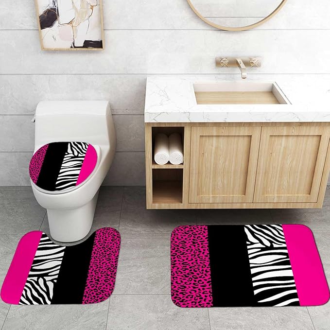 4PCS Hot Pink Leopard Print Shower Curtain Sets With Rugs, Waterproof Fabric Shower Curtain, Black and White Zebra Cheetah Print Wildlife Safari Animal Skin Stripe Fashion Women Bathroom Decor