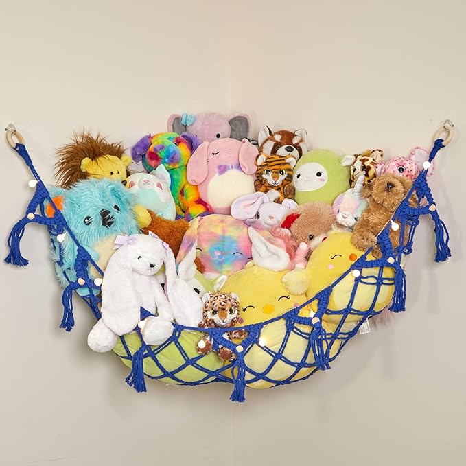 Lilly's Love Stuffed Animal Storage Macrame Hammock w/String Lights, Large - Boho Room Decor Toy Storage - Corner Hanging Plushie Stuffed Animal Net Organizer (Dark Blue)