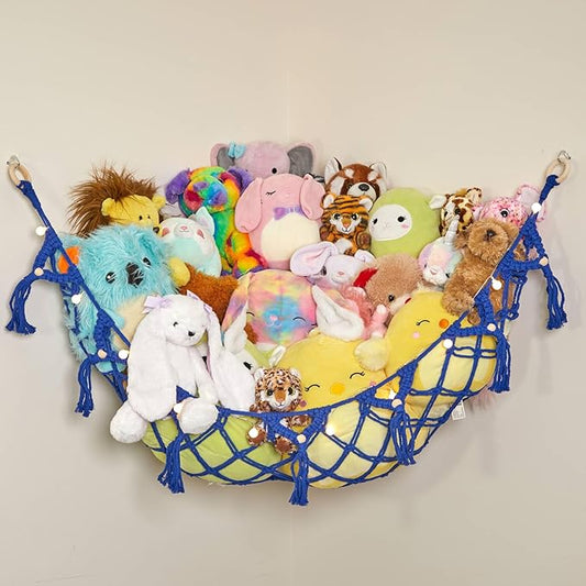 Lilly's Love Stuffed Animal Storage Macrame Hammock w/String Lights, Large - Boho Room Decor Toy Storage - Corner Hanging Plushie Stuffed Animal Net Organizer (Dark Blue)