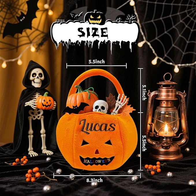 Personalized Halloween Baskets for Kids Trick or Treat Bucket| Custom Name Embroidered for Trick or Treat Bags- Halloween Pumpkin Candy Treat Bucket