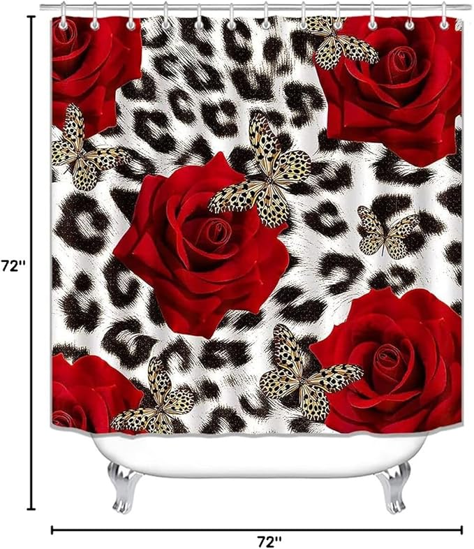 4PCS/Set Black and White Leopard Print Shower curtain Romantic Red Rose Safari Animal Skin Fur Valentine's Day Fashion Bathroom Decor Non-slip Bath Rug Cheetah Print Gifts for Women, Butterfly