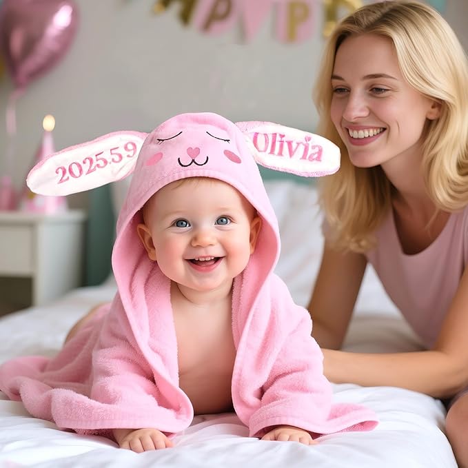 Baosity Custom Hooded Baby Towel with Name, Personalized Soft Absorbent Bunny Bath Towel, Shower Towels for Girls Boys, Easter Brithday for Baby, Toddler, Newborn Essential