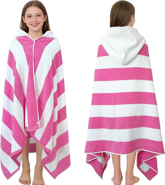 Hooded Bath Towel Wrap for Teens/Big Kids (6-12 Years,68"X34") | Soft Fluffy Quick Dry Absorbent 100%Cotton Thick Towel | Versatile Beach, Pool, Swim & Bath Cover-Up | Hot Pink Wide Stripe