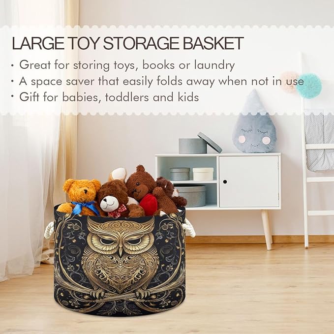 Blanket Storage Basket for Living Room - Abstract Funny Owl Large 20"x20"x14" Cotton Rope Handles Laundry Basket, Foldable for Toy Storage, Blanket Basket