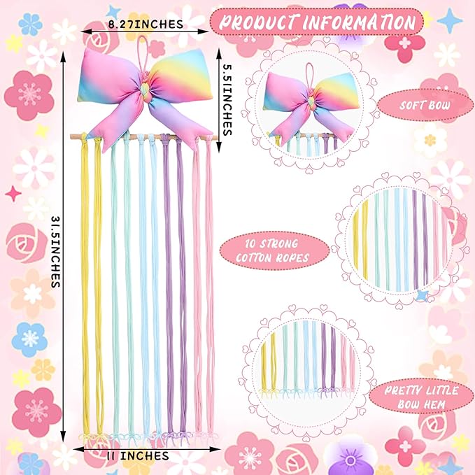Long Bow Holder for Girls Baby Rainbow Color Bow Hair Bows Clip Organizer 31.5 Inch Baby Hair Accessories Storage Display Hanging Decor for Girls Nursery Room Bedroom Living Room