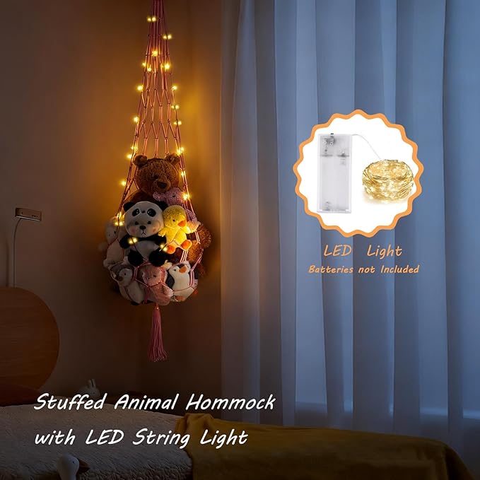 Stuffed Animal Hammock Corner Net with LED Light Plushies Storage Hammock for Stuffed Animals Boho Room Decor Macrame Wall Decor