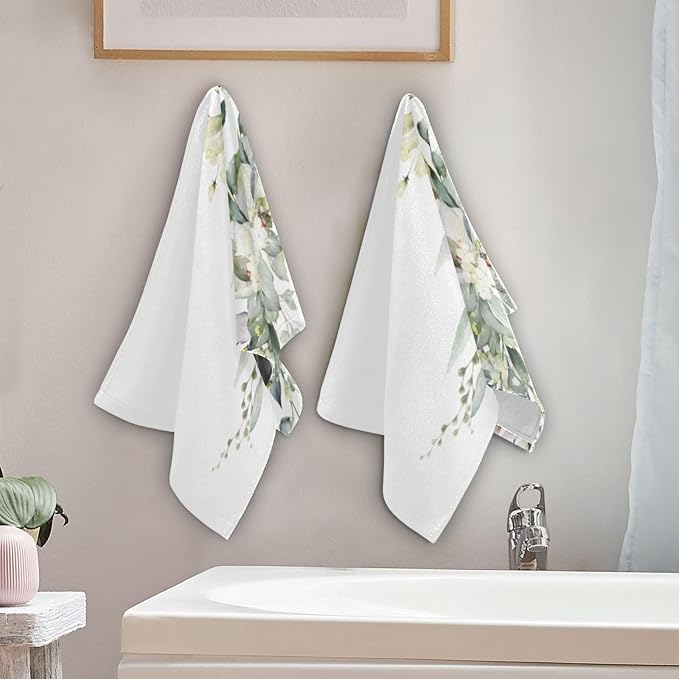2 Pack Eucalyptus Hand Towels,Microfiber Absorbent Watercolor Sage Green Leave Bathroom Towels,Quick Drying Plant Floral Kitchen Towels,Leaf Hand Towels for Bathroom,Shower,Guest,Face 14"x28"