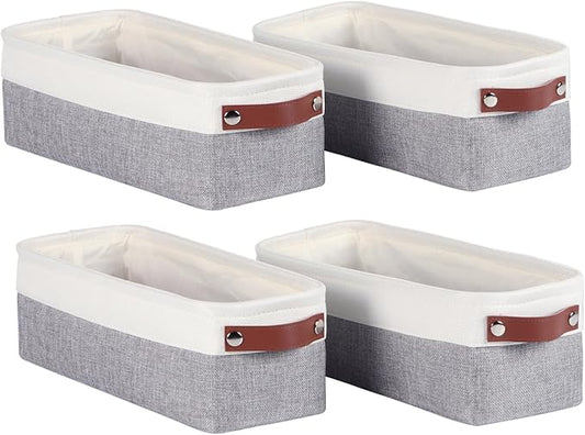 Univivi 4PC Small Fabric Storage Bins,15x6x5 inch Long Narrow Storage Baskets with PU Handles for Closet,Cabinet,Countertop Organizing Small Items (Gray,15x6x5 inch)