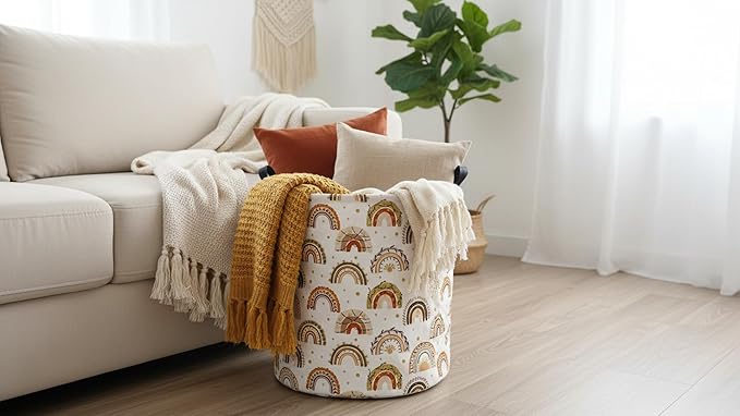 CLOCOR Round Collapsible Flat Storage Basket,Space-Saving Fabric Laundry Hamper for Clothes,Nursery Hamper,Gift Basket(Unique Rainbow)