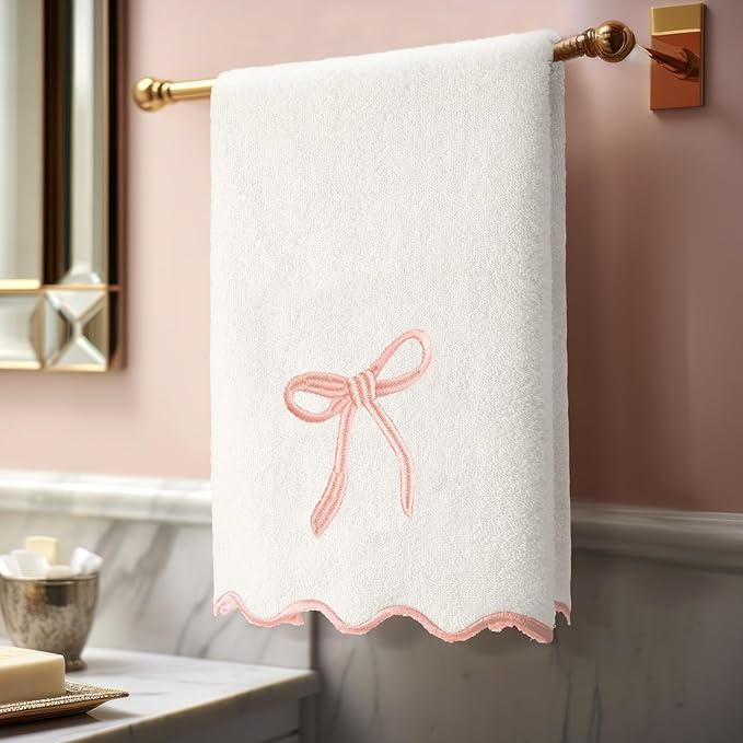 2 Pcs White Pink Scalloped Hand Towels for Bathroom 26 x 13 Embroidery Coquette Bow Hand Towels 100% Cotton Soft Absorbent Boho Bath Decor for Kitchen Bathroom