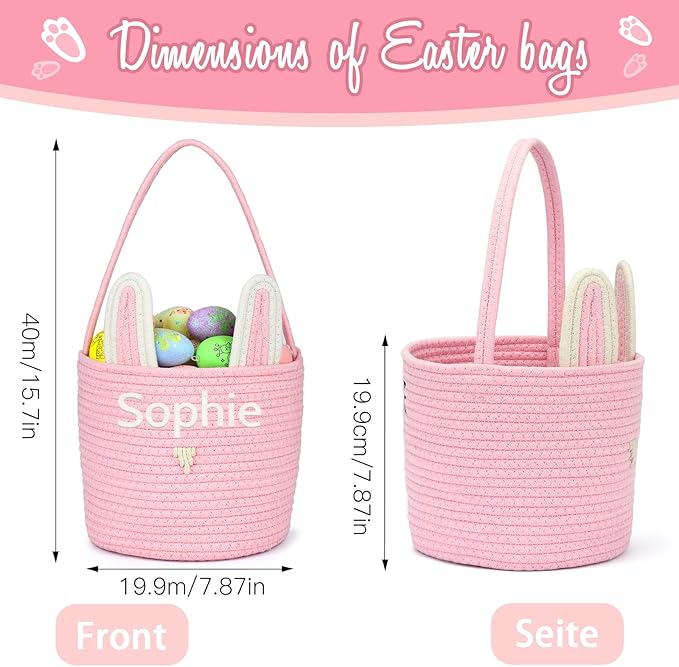 Personalized Easter Basket for Kids with Name - Custom Cute Embroidery Easter Bunny Rope Basket for Boys Girls, Easter Egg Hunt Basket (Pink)