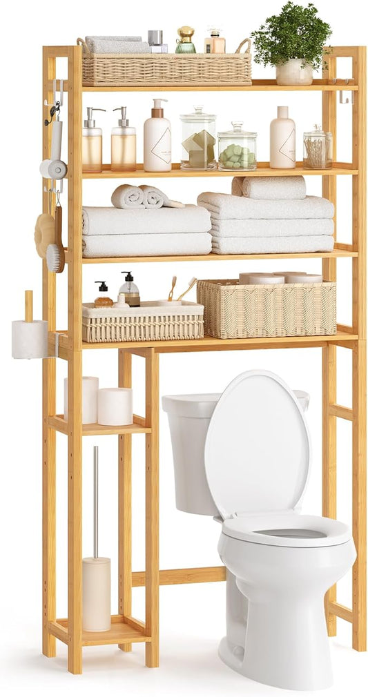 SONGMICS Over The Toilet Storage, 4-Tier Over Toilet Bathroom Organizer with Adjustable Shelves, 10.2 x 32.7 x 72.8 Inches, Space-Saving, Natural Beige UBTS017N01
