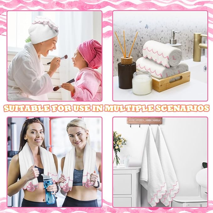 2 Pcs Scalloped Hand Towels 100% Cotton Fingertip Towels for Bathroom 15.75 x 27.56 Inch 600 GSM Cute Soft Absorbent Embroidered Decorative for Home Hotel(Pink,Classic)
