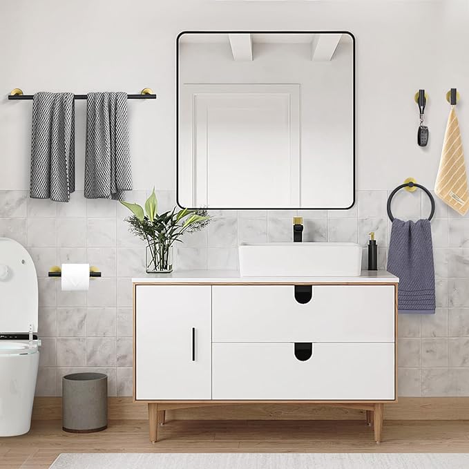 5 Pieces Black and Gold Bathroom Hardware Accessories Set, Upgraded Towel Bar Toilet Paper Holder Towel Racks Set for Bathroom Stainless Steel Wall Mounted 23.6 in