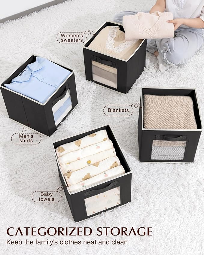 Cube Storage Bins - Fabric Shelves for Closet Organization, Foldable Storage Bins for Clothes, Decorative Storage Baskets with Window for Home, Set of 6, Black