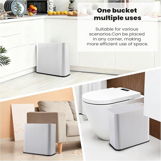 9-Piece Light Gray Bathroom Set with Slim Trash Can Press Top Lid, Modern Bathroom Accessories Sets with Toilet Brush, Soap Dispenser, Toothbrush Set, Soap Dish & Apothecary Jars