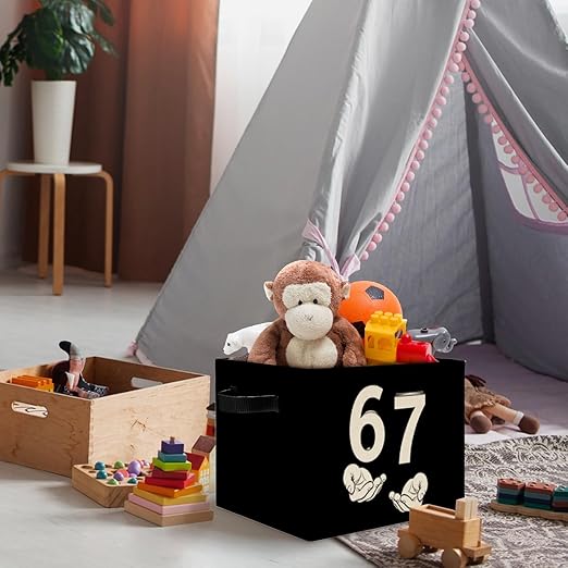 Black and White Funny 6 7 Meme Storage Bins Box with Handles, Hand Holding Number Six Seven Laundry Basket Hamper Collapsible Clothes Toys Organizer for Kids Boys Girls Room Nursery