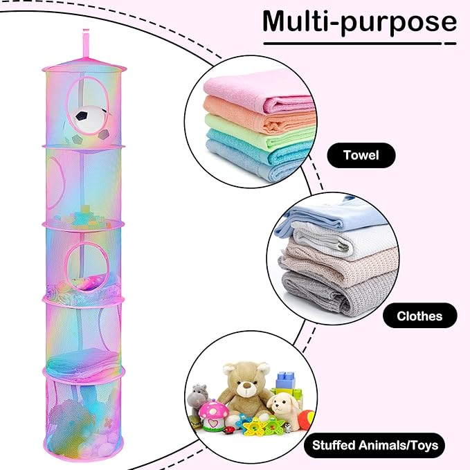 Basumee Stuffed Animals Net or Hammock 2 Pcs Stuffed Animals Storage Toy Net Hammock for Plushies Storage Organizer Mesh Kids Girls Room Decor, Rainbow, 5 Tiers