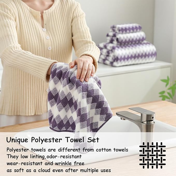 12 Pcs Purple White Diamond Towel Set-4 Bath Towels,4 Hand Towels,4 Washcloths Soft Polyester Bath Sheet with Loop Absorbent Shower Towel Quick Dry Beach Chair Towel Family Towels for Bathroom Spa Gym