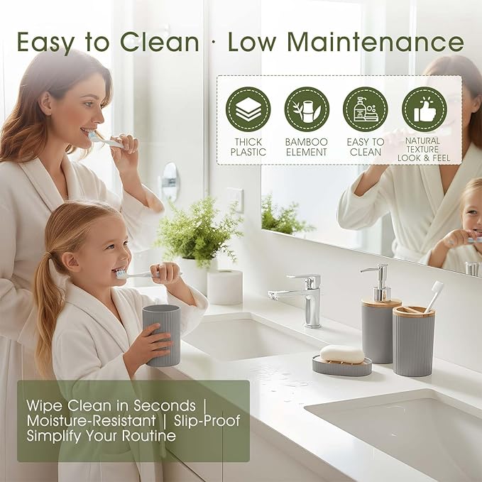 6-Piece Bathroom Set – Includes Toilet Brush, Trash Can & Soap Dispenser, Creating a Tidy and Coordinated Bathroom Space in One Stop，Round-Gray