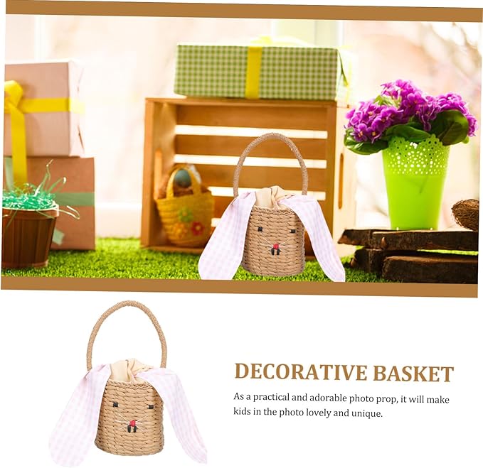 MERRYHAPY Boy Girl Woven Rattan Handbag Bunny Ears Decorative Storage Basket for Boys and Girls Rooms and Photography Props and Design