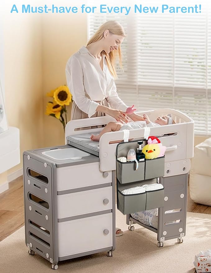 Hanging Diaper Organizer for Crib/Playard/Bassinet – H19 x L15 Hold 80+ Diapers - Changing Table Diaper Holder - Hanging Diaper Stacker Nursery Caddy Organizer for Boy or Girl (Silver-grey)