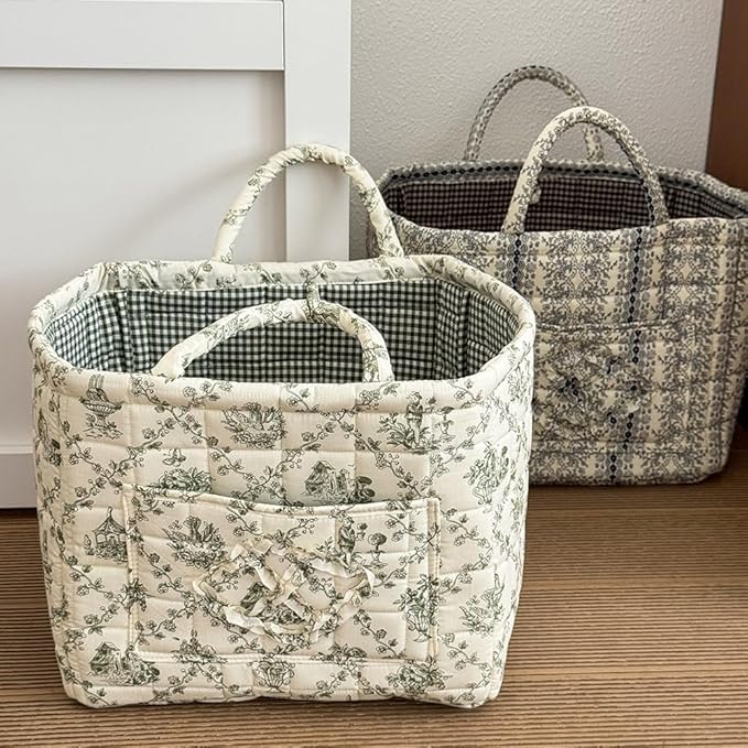 JQWYGB Foldable Laundry Basket Boho Bear Storage Basket Floral Quilted Fabric Car Storage Basket Handles Large Laundry Baskets for Clothes and Dolls