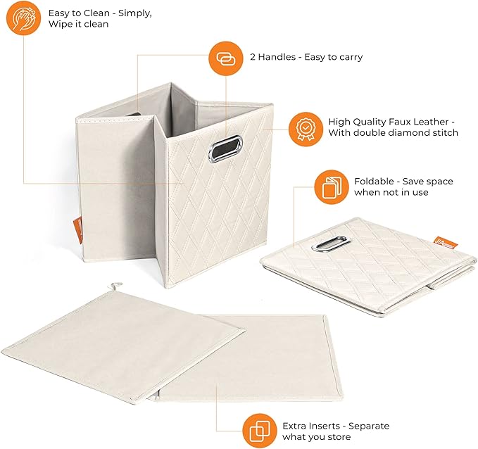 FH Group JIAessentials 12" Faux Leather Foldable Storage Cube Bins Set of 2 – Beige Diamond Patterned Organizers with Handles for Closet & Shelves