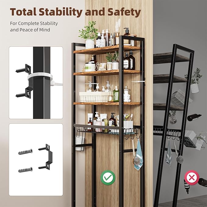 Over The Toilet Storage Rack, 4 Tier Bathroom Shelf Organizer Over Toilet with Adjustable Feet, Basket, Hooks, Paper Holder, Quick Interlock Install & Water-Resistant Shelves (Vintage Brown)