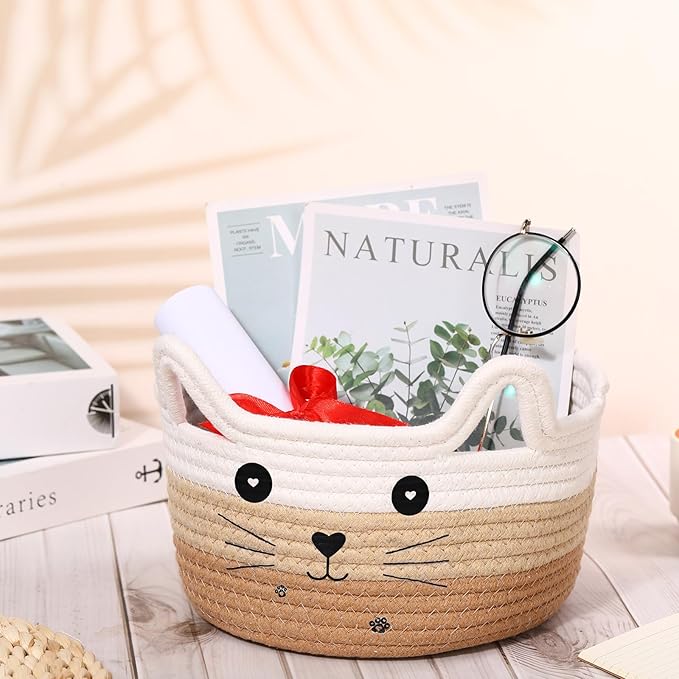 Zopeal Cat Basket Storage Woven Organizer with Ears Christmas Decorative Pet Toy Cute Cotton Rope Basket for Gift Cat Dog Toy Bin Nursery Room(8.3 x 4.7 Inch,White Khaki Brown)