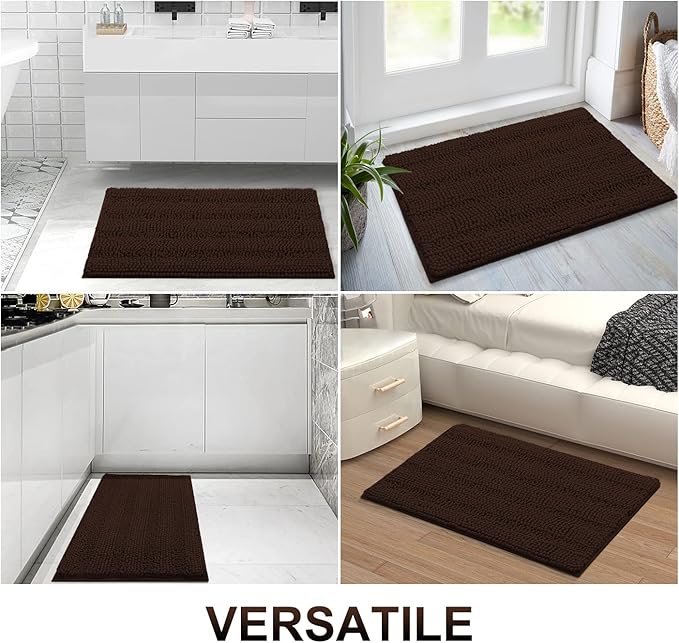 Grandaily Chenille Striped Bathroom Rugs 59x20, Extra Thick and Absorbent Bath Mats, Non-Slip Soft Plush Shaggy Shower Carpet, Machine Wash Dry, Bath Rug for Bathroom, Brown