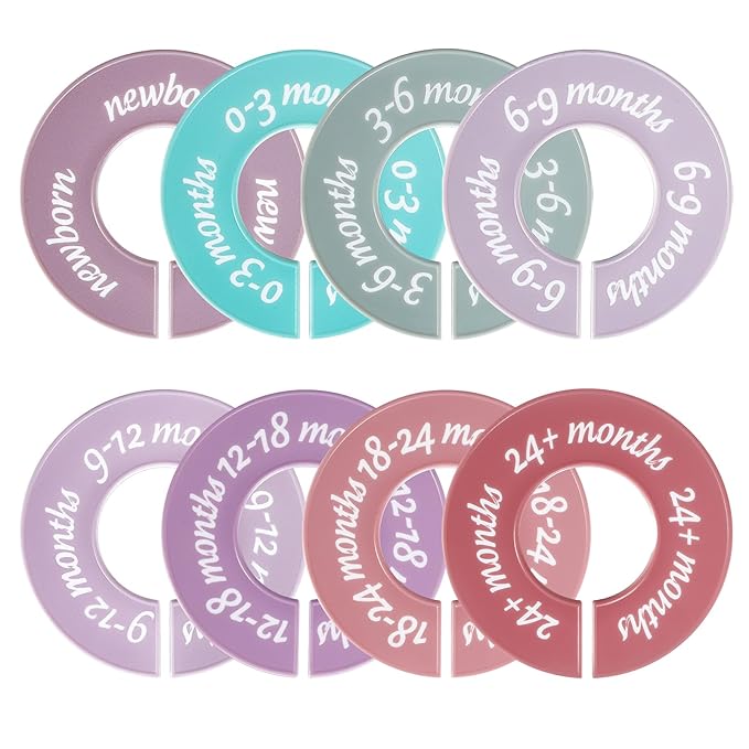 8 Pcs Baby Closet Dividers, Neutral Baby Clothes Organizer for Newborn to 24 Months, Baby Nursery Decor Clothes Hanger Dividers, Clear Labels for Easy Sorting, Fits Most Rods