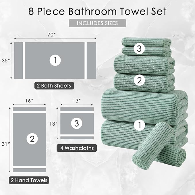 8-Piece Premium Towel Set for Bathroom|2 Oversized Large Bath Sheet,2 Hand Towels,4 Washcloths|Soft Cozy Highly Absorbent Fast Dry Microfiber Shower Towel Set for Hotel Bathroom Essentials,Green