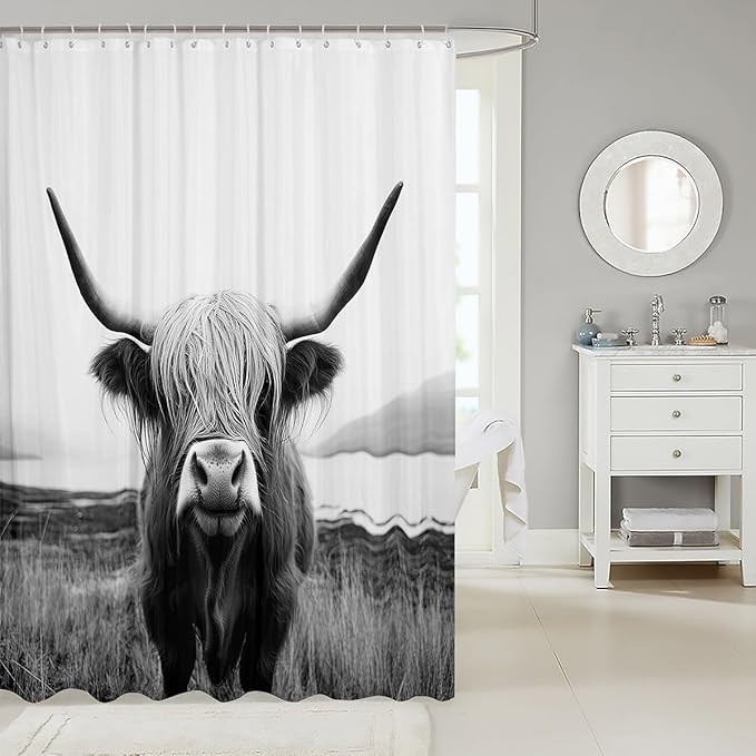 Highland Cow Shower Curtain Farmhouse Animal Milk Bath Curtain Funny Cute Cow Bathtub Shower Curtain Wildlife Shower Stall Curtain with Hooks Gray White Bathroom Sets Accessories 72" W x 72" L
