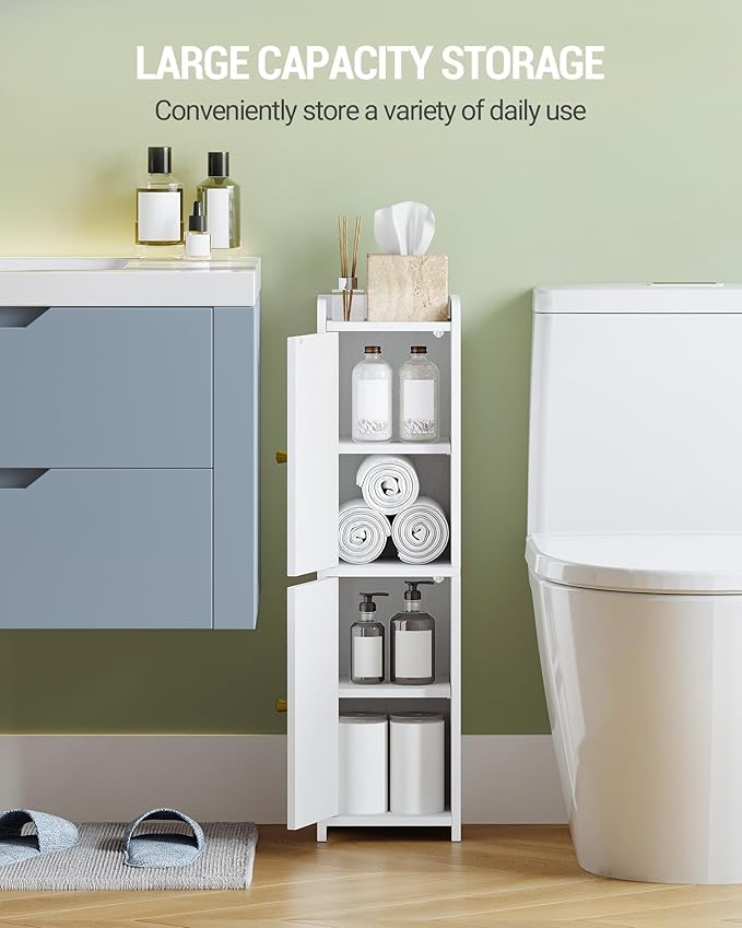 Bathroom Storage Cabinet, Small Corner Floor Cabinet with 2 Doors and Adjustable Shelf, Narrow Toilet Paper Cabinets, Bathroom Organizer for Small Spaces, 7.9" D x 7.9" W x 29.5" H White