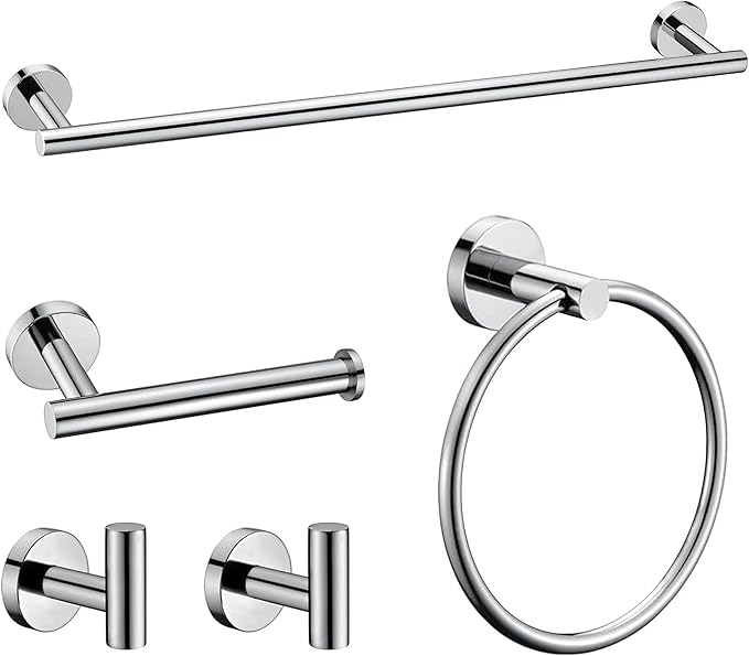 5 Pieces Polished Chrome Bathroom Hardware Accessories Set, SUS304 Stainless Steel 24 Inch Bath Towel Bar Set, Round Bathroom Towel Holder Set, Towel Racks for Bathroom Wall Mounted