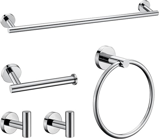 5 Pieces Polished Chrome Bathroom Hardware Accessories Set, SUS304 Stainless Steel 24 Inch Bath Towel Bar Set, Round Bathroom Towel Holder Set, Towel Racks for Bathroom Wall Mounted