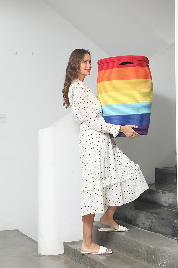 26" x 20" Handcrafted Tall Cotton Rope Basket with Lid, Stylish Flagon Shape with Cover, Clothes Hamper with Top, for Bedroom and Living Room, Rainbow