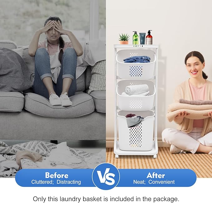 3-Tier Storage Basket Laundry Basket Rolling Cart Washing Hamper Storage Bin Shelf Multifunctional rotating laundry basket organizer Removable Clothes Laundry Basket for Kitchen Living Room