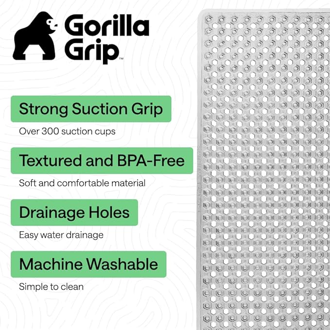 GORILLA GRIP Patented Bath Tub Shower Mat, Machine Washable Bathtub Floor Liner Mats, Suction Cups and Drain Holes to Keep Tubs Clean, Soft on Feet, Bathroom Essentials, 35x16 Inch, Clear Gray