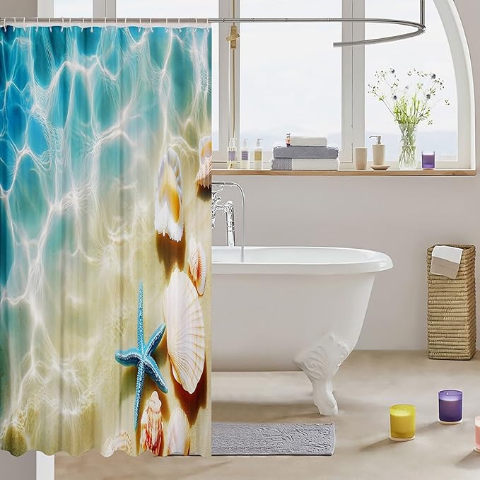 Hawaiian Beach Shower Curtain - Coastal Nature Theme with Sea Waves, Animals, Shells & Starfish - Teal Blue, 72" W x 72" L