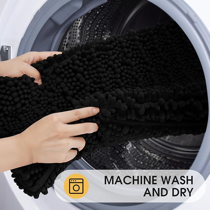 ACCUMTEK Extra Long Upgrade Luxury Black Bathroom Rug Mat 70"x24", Ultra Soft Thick Absorbent Bath Mats, Non Slip Chenille Toilet Mat for Bathroom, Bedroom, Kitchen, Shower, Tub