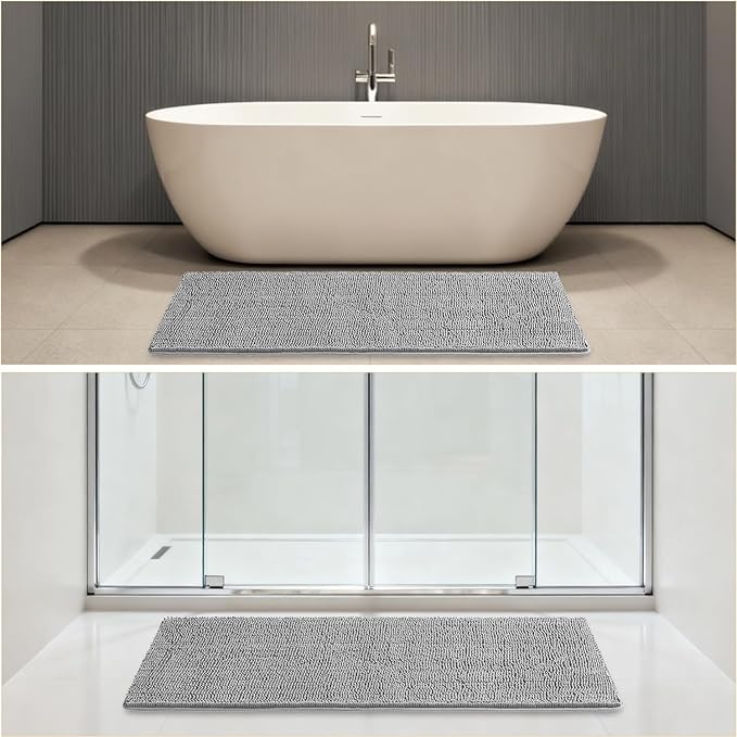 Gray Bathroom Rugs 24"x60" - Long Plush Chenille Non-Slip Runner Bath Mat - Absorbent, Washable, Soft Decor for Shower, Sink, Tub, Floor, Home Accessories