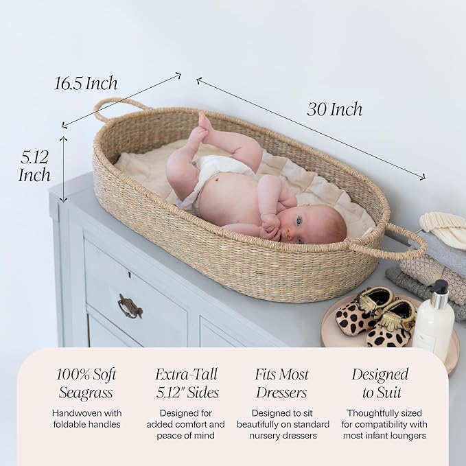 BEBE BASK Premium Baby Changing Basket - Artisan-Crafted Seagrass With Extra High Sides - Changing Basket for Baby Dresser - All Accessories Included - Complete Set for Nursery (Natural)