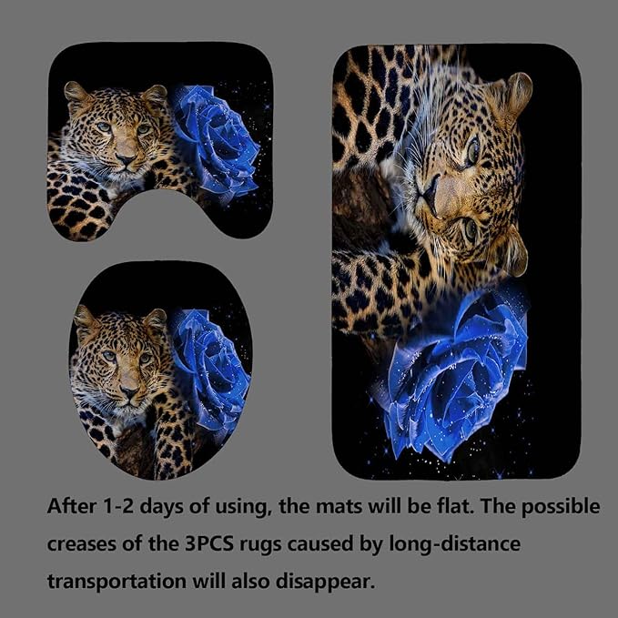 4PCS Blue Rose Leopard Shower Curtain Sets with Rugs, Waterproof Fabric Black Shower Curtain, Modern Romantic Elegant Blooming Floral African Wild Animal Safari Jaguar Cheetah Bathroom Decor