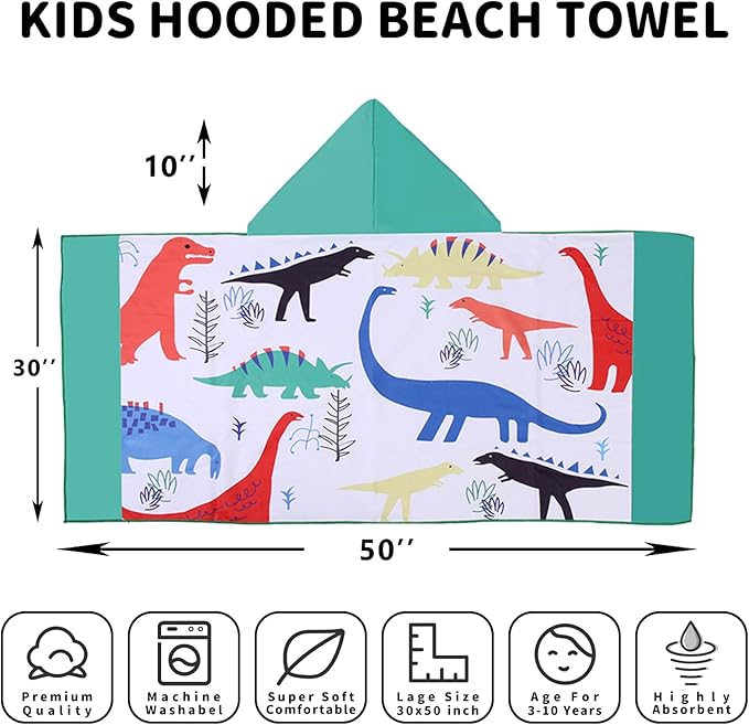 Hooded Beach Towel, Microfiber Hooded Beach Towel For Kids Toddler Infant Boy Girl, Beach Towel with Hood For Bath Pool Swim Summer Beach Essentials Cartoon Shower Gifts (24x50 Inch, Dinosaur Green)