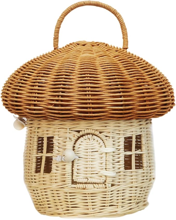 Mushroom Basket House Shaped with Lid Portable Decorative Rattan Handle Photography Props Gifts-Mushroom Decor(A)